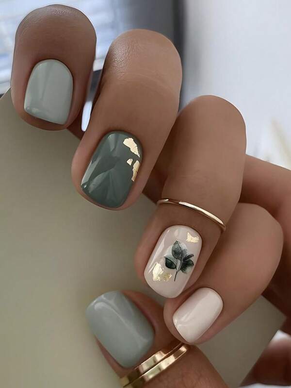 24pcs Simple Green Square Short Design Nail Wraps With Leaf Pattern, Suitable For Parties Or Daily Wear, Press-On Nails Nail Supplies
