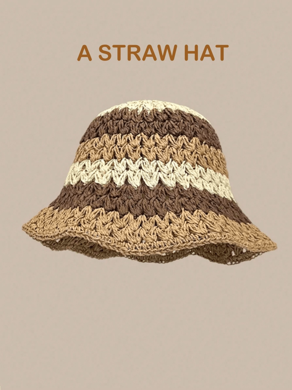 1 Piece Women's Striped Straw Travel Bucket Hat, Bucket Hat, Bohemian Style