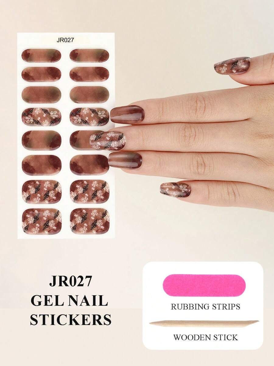 16 Cái/gói Móng Tay Giả Gel Bán Chữa, Màu Cà Phê, Phong Cách Tối Giản. Yêu cầu đèn UV. Bao gồm 1 đệm và 1 thanh gỗ. Dán móng tay DIY