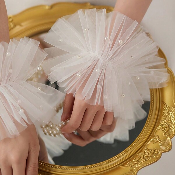 1 Pair Bridal Faux Pearl Cuff Sleevelets, Tulle Lace Gloves For Wedding, Banquet, Party, Photography Sessions