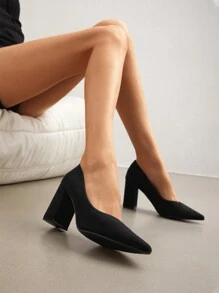 Women's High Chunky Closed Toe Block Heels Pointed Toe Wedding Party Elegant Slip On Pumps Shoes - màu đen - Xem 2