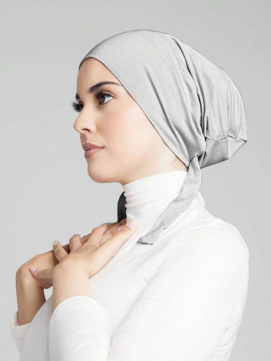 1pc Solid Color Simple Fashion Skin-Friendly Comfortable Tie Strap Turban Hijab Cap, Without Brim, Suitable For Daily Life And Outdoor Activities For Women - Light Grey - View 1