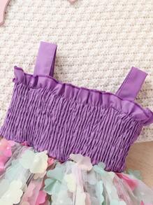 Elegant And Sweet Baby Girl Comfortable And Breathable Ruffle And Pleated Floral Contrast Mesh Tutu Dress, Perfect For Summer, Casual Occasions, And Parties - Multicolor - View 3