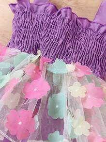 Elegant And Sweet Baby Girl Comfortable And Breathable Ruffle And Pleated Floral Contrast Mesh Tutu Dress, Perfect For Summer, Casual Occasions, And Parties - Multicolor - View 6