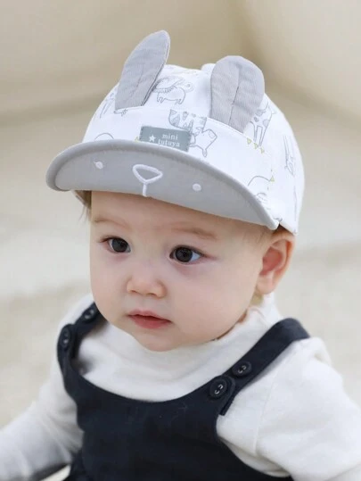 TUTUYA 1 件装白色婴儿棒球帽，男女通用婴儿太阳帽可调节护耳卡通动物印花，适合 0-36 个月，头围 44-50 厘米，适合日常/户外使用