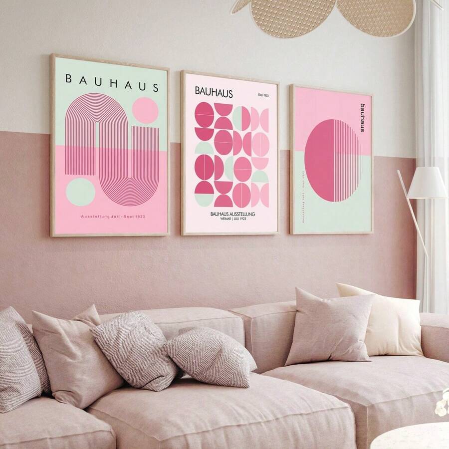 Uppsättning med 3 moderna rosa Bauhaus-stil väggkonsttryck på canvas, Bauhaus-affischer, abstrakt geometrisk väggkonst, modern väggkonst, galleriväggkonstset, sovrum vardagsrum hall matsal konstverk, väggdekor, sommardekor, rumsdekor, oinramad - Rosa - Visa 1
