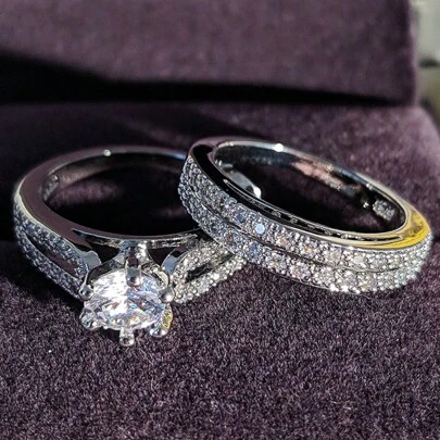 時尚純銀立方氧化鋯經典婚禮珠寶店立方氧化鋯女性新款兩件套戒指，歐美風格八心八箭立方氧化鋯婚禮新娘訂婚戒指