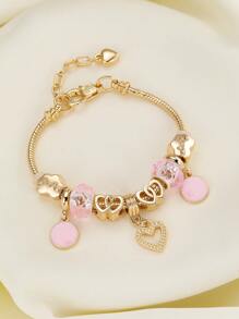 1入時尚魅力空心心形珠寶墜飾＆粉色珠子裝飾圓形手鍊，適用於女性日常佩戴 - 時尚 - 查看 3