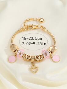 1入時尚魅力空心心形珠寶墜飾＆粉色珠子裝飾圓形手鍊，適用於女性日常佩戴 - 時尚 - 查看 2