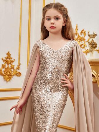 Tween Girl Chiffon Cape Sleeve Sparkly Sequin Patchwork Mermaid Formal Dress