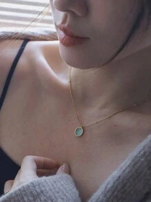 1pc Minimalist Stainless Steel Bohemian Turquoise Oval Pendant Necklace, Suitable For Daily Wear - Yellow Gold - View 2