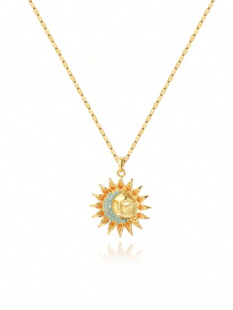 1 pieza Collar con luna, diosa sol, girasol - Regalo de joyería para maestros, material de cobre con micro-incrustación de circonita, cadena de labios de acero inoxidable