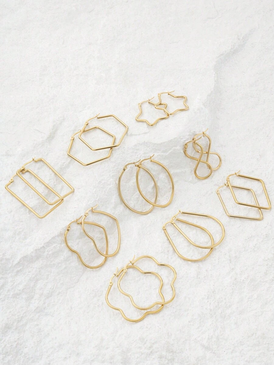 1對不鏽鋼簡約花心無限星形菱形水滴橢圓形蜂窩圈耳環，18K鍍金，適合女性日常佩戴和度假穿搭 - 金色 - 查看 1