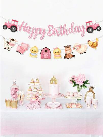 1 st rosa födelsedagsbanderollflagga med bondgårdsdjurstema, tryckt med texten "Grattis på födelsedagen", rosa väggdekoration för födelsedagsfestrummet, rosa festtillbehör för bondgårdsdjur, födelsedagspresent, födelsedagsdekoration, väggbonad för heminredning, rosa bondgårdsdjursdekor, banderoll med mönster av tecknade får och grisar