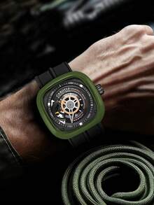 Men's Black Silicone Band Tough Sporty Square Hollow Dial Full Automatic Mechanical Watch - Black - View 6