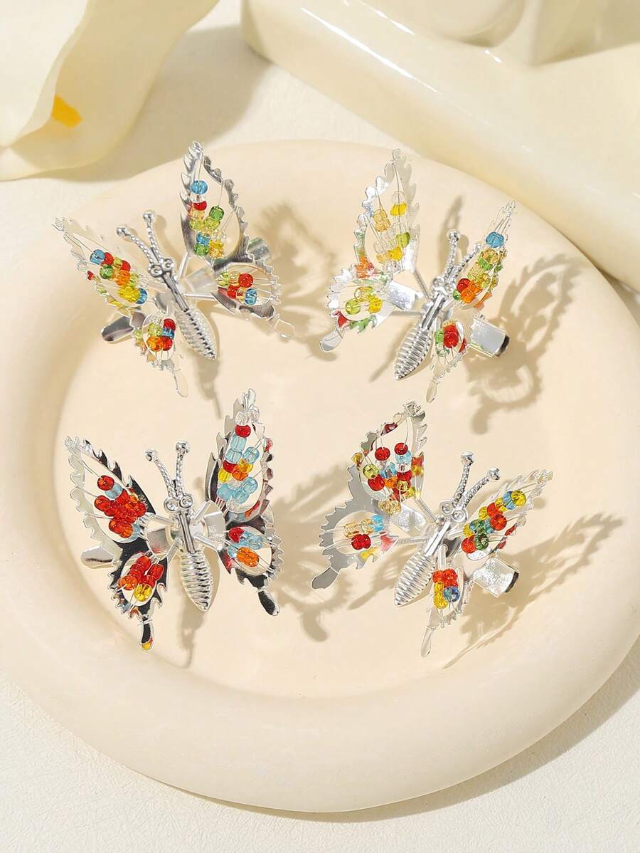 4个装女士彩色串珠蝴蝶发夹爪夹发卡，发饰，头部饰品，发夹 - 彩色 - 查看 1