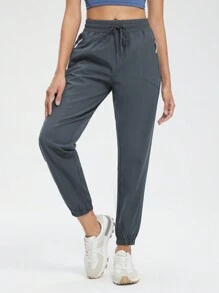 女性輕便束腳褲長褲速幹跑步遠足長褲競技鍛煉追踪長褲帶拉鍊口袋 - 深灰色 - 查看 1