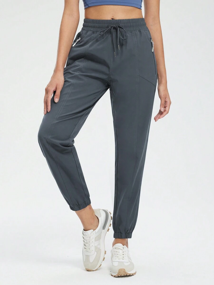 女性輕便束腳褲長褲速幹跑步遠足長褲競技鍛煉追踪長褲帶拉鍊口袋 - 深灰色 - 查看 1