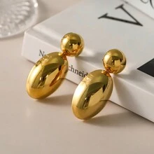 1 对奢华日常珠宝不锈钢几何椭圆形耳钉金色耳环 - 水滴形 - 查看 2