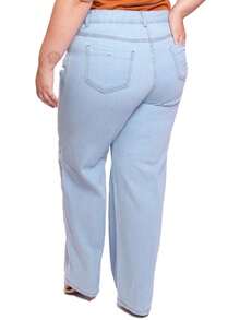 Plus Size Women's Straight Basic Wide Leg Jeans Light Wash High Waist 100% Cotton Ref: 2633 - 淺色水洗藍 - 查看 5