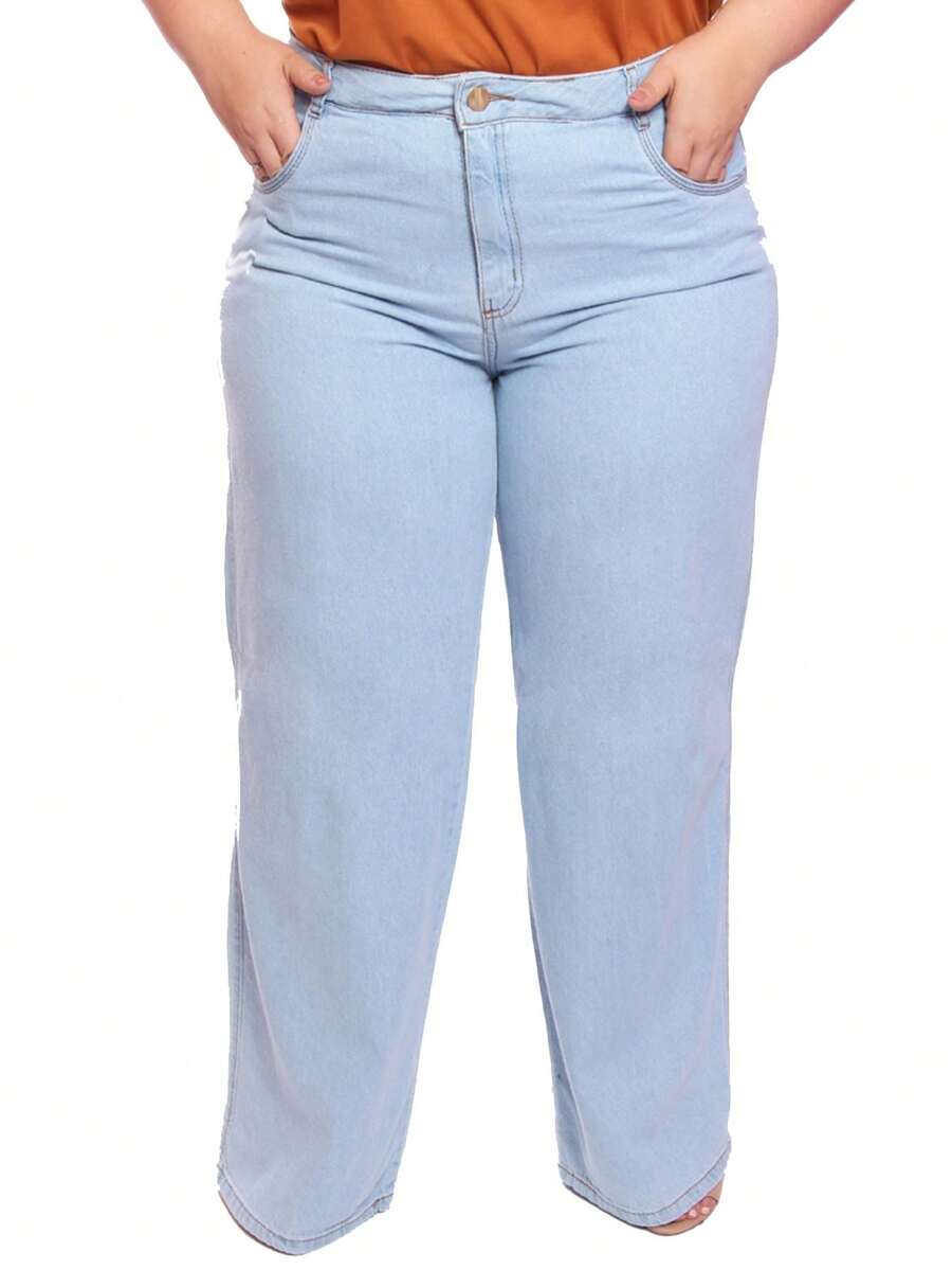 Plus Size Women's Straight Basic Wide Leg Jeans Light Wash High Waist 100% Cotton Ref: 2633 - 淺色水洗藍 - 查看 1