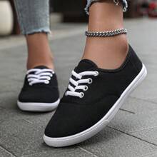 Frauen Leinwand Sportschuhe-Paarschuhe, Atmungsaktive runde Zehe-Schnür-Casual Schuhe, Frühling, Sommer, Herbst, einfarbige Modische Sneakers. Erhältlich in Weiß, Schwarz, Blau, Pink, Schwarz und Weiß, Orange, Grün, Gelb, Beige, Khaki, Dunkelkhaki und Braun.