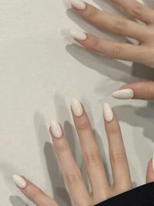 24 móng tay giả ngắn hình quả hạnh nhân màu trắng tinh khiết tối giản kèm giũa móng, 1 gel thạch, phụ kiện làm móng phong cách đơn giản mùa hè - trắng - Xem 4