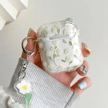 简约白色花卉图案TPU透明无线耳机保护壳，适用于 1/2、 3、 Pro、 Pro 2，带彩色固定吊坠 - 彩色 - 查看 3