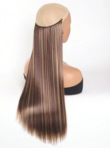 合成光环接发，24 英寸无夹直发接发，一体式假发，女士鱼线假发片（棕色混合金色） - 彩色 - 查看 4