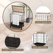 Laundry Hamper, 110L Large Capacity Handwoven Rattan Laundry Basket With Lid & Lockable Wheels, 2 Section Clothes Hamper With Handle & Removable Liner Bag, Rattan Weaving Laundry Basket For Laundry Room, Bathroom Organization - Black - View 3