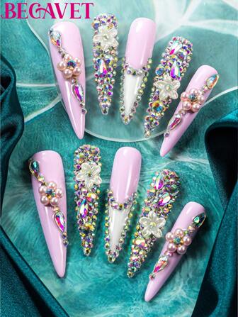 Upgrade Your Look With BEGAVET 10pcs Handmade Salon Quality Light Purple Press On Nails Super Long Exclusive Design 3D Nails With 3D Charms, Suitable For Parties/Music Festival And Daily Wear Nail Supplies