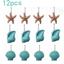 12pcs Ocean Series Shower Curtain Hooks, Seashell Shower Curtain Hooks, Blue-Green Color Starfish, Conch Shell Shower Curtain Hooks, Bathroom Accessories Home Bathroom Decor Fall Decor Back To School