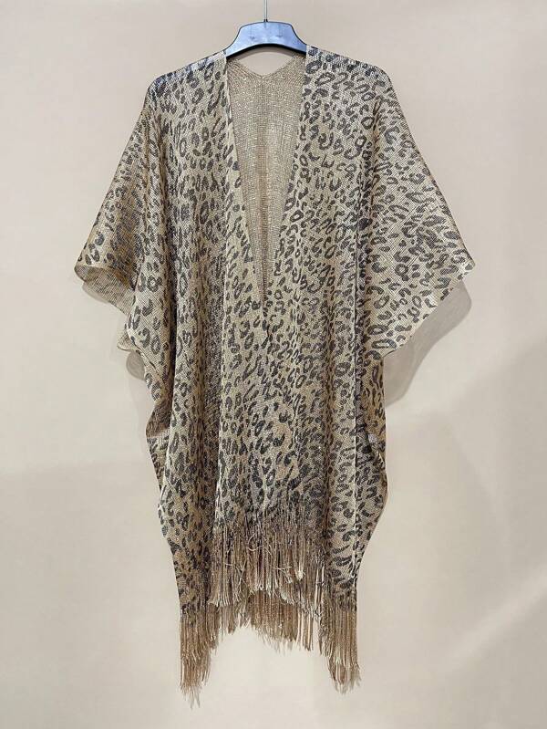 New Arrival! Stylish Hollow-Out Shawl Cover Up In Solid Or Leopard Print With Tassel Trim, Summer
