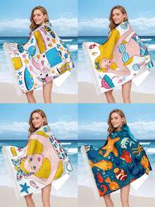 1入組80 * 167公分美人魚公主沙灘毛巾，帶流蘇，海洋世界生物沙灘毛巾，超大柔軟吸水沐浴毛巾，適用於游泳瑜珈運動 - 彩色 - 查看 8