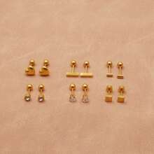 PMKMKM 6對/套時尚不鏽鋼18K金鍍立方氧化鋯心形/棒形/圓形耳釘珠寶套裝 - 金色 - 查看 8