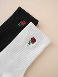 2雙女士基礎刺繡玫瑰圖案中筒襪，多種顏色，季節和歐洲尺寸，透氣舒適，適合日常穿著和情侶，高級面料，不緊腳 - 彩色 - 查看 3