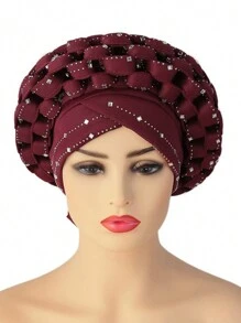 1pc Adjustable Muslim Hijab Auto Gele With Space Braid, Rhinestone Embellished African/ Cap Hair Sleep Cap - Hand-woven Hot Diamond - View 10