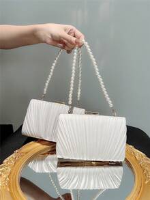 Women's Classic Pleated Box Clutch Mini Handbag With Simple Evening Party Bag, Romantic White Wedding Purse For Formal Occasions, Chain Shoulder Bag For Ball Dance - Silver - View 6