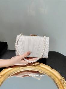 Women's Classic Pleated Box Clutch Mini Handbag With Simple Evening Party Bag, Romantic White Wedding Purse For Formal Occasions, Chain Shoulder Bag For Ball Dance - Silver - View 4