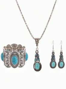 4入組 NICE NEEDED 綠松石珠寶套裝，多股頸圈項鍊和耳環，波西米亞彈性手鐲主題聚會配飾，適用於女士和女孩 - 綠色 - 查看 2