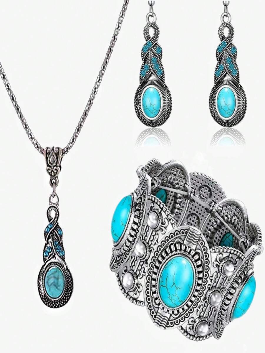 4入組 NICE NEEDED 綠松石珠寶套裝，多股頸圈項鍊和耳環，波西米亞彈性手鐲主題聚會配飾，適用於女士和女孩 - 綠色 - 查看 1