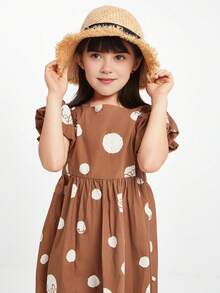 Annil Tween Girl Mùa Hè Ngắn Tay Chấm Bi Đầm Công Chúa Tay Phồng Chữ A Đầm Nâu - Nhiều màu - Xem 5