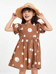 Annil Tween Girl Mùa Hè Ngắn Tay Chấm Bi Đầm Công Chúa Tay Phồng Chữ A Đầm Nâu - Nhiều màu - Xem 3