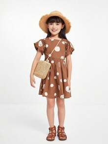 Annil Tween Girl Mùa Hè Ngắn Tay Chấm Bi Đầm Công Chúa Tay Phồng Chữ A Đầm Nâu - Nhiều màu - Xem 4