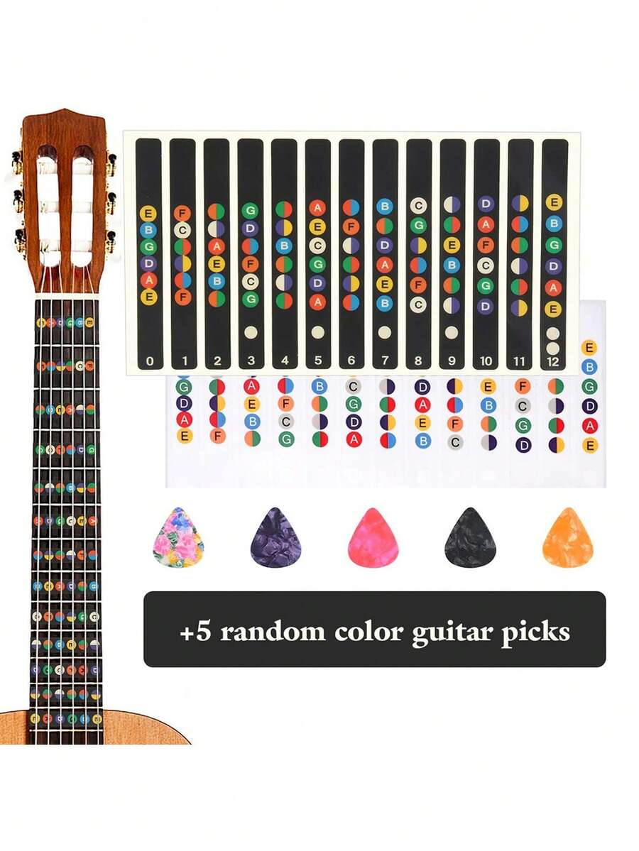 1 Pc/2 Pcs Guitar Fretboard Stickers, Guitar Note Stickers, Learn Guitar Tabs, Sticker For Beginner Learner With 5 Pcs Guitar Picks, Black/Transparent - Multicolor - View 1