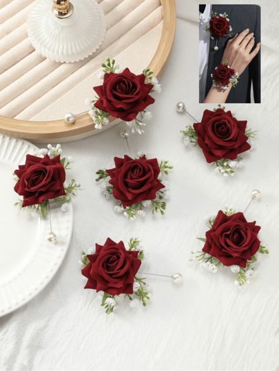 6pcs Beautiful Rose & White Baby's Breath Mori Style High-Grade Boutonniere, Perfect For Wedding Decorations, Evening Parties, Balls, Anniversaries Valentine's Day Valentines