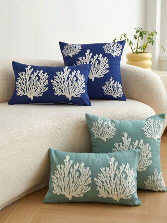Couvre-oreiller brodé en corail en tissu imperméable pour extérieur de style bord de mer toutes saisons pour décoration de la maison
