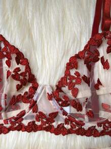 Women's Embroidered Mesh Heart-Shaped Sexy Lingerie Set, Rave For Going Out - Red - View 6
