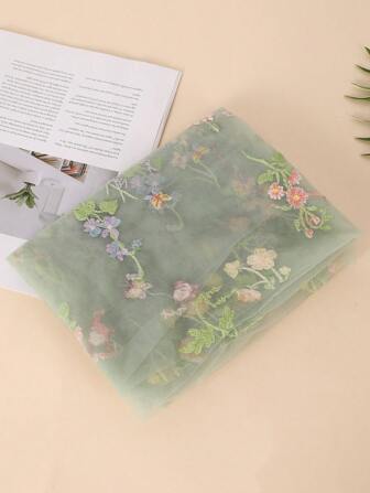 1pc Multi-Color Soft Elastic Tulle Mesh Fabric, Dense Mesh Sheer Curtain, Wedding Decoration Netting Material - Bean Green Embroidered Mesh Fabric