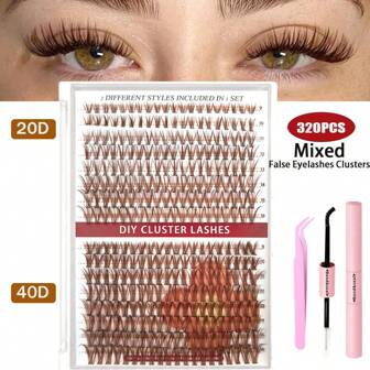 Lash Clusters DIY Eyelash Extensions, Eyelash Extension Kit, Cluster Lashes (320PCS-D-30P 40P 50P DIY Eyelash Extension), D-Curling Eyelash Extension Kit, Black Cat Eye Lashes 9-16mm D30+D40+D50 Black D Curl Eyelash Cluster Extension Kit, Mixed Tray Lash Clusters Extensions DIY Eyelash Extension Kit, Natural Style Comic Eyelash Kit Suitable For Daily Makeup Date Party Makeup, Eyelash Extension Kit With Eyelash Glue And Tweezer Tools A Set Of Clustered False Eyelashes For To Use At Home
